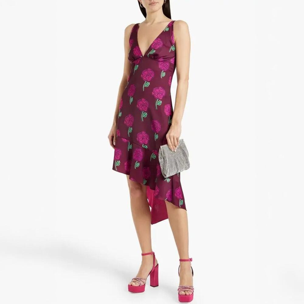 Versace Jeans Couture Rose Print Asymmetric Satin Dress NWT Size 4